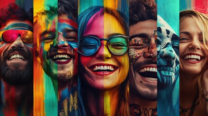 Obraz premium Happy and different people from all over the world are shown with bright and colorful backgrounds. 