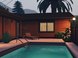 Tranquil Evening Poolside Retreat with Lush Greenery and Lighting