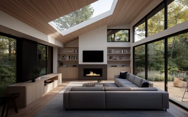 Modern Minimalist Living Room with Cozy Fireplace and Large Windows