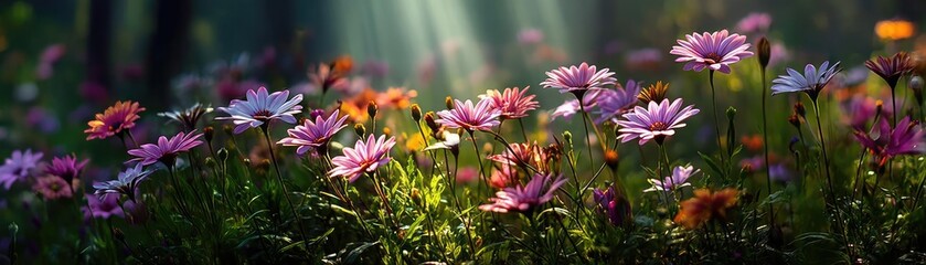 Blooming flowers in meadow with mystical nature and dreamlike gardens concept. A vibrant field of colorful flowers illuminated by soft sunlight.