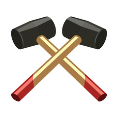 Crossed rubber mallets with black heads and red handles isolated on white background