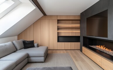 Modern Minimalist Living Room with Sleek Fireplace and Wood Accents