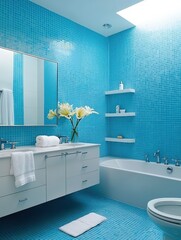 Modern Bathroom Design with Blue Mosaic Tiles and Natural Light
