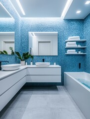 Modern Bathroom Interior with Blue Mosaic Tiles and Stylish Fixtures