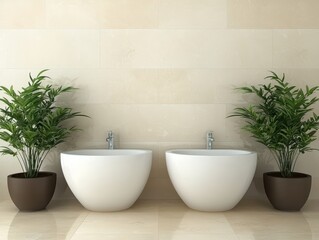 Modern Bathroom Design with Elegant Bathtubs and Green Plants