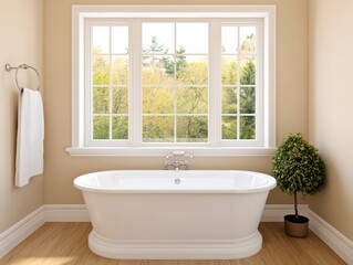 Elegant Minimalist Bathroom Design with Freestanding Bathtub and View