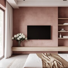 Cozy modern living room with pink walls and stylish decor elements