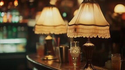 Old-style lamps near a blurry bar with drinks.
