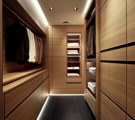 Modern Wooden Walk-In Closet with Organized Shelves and Lighting