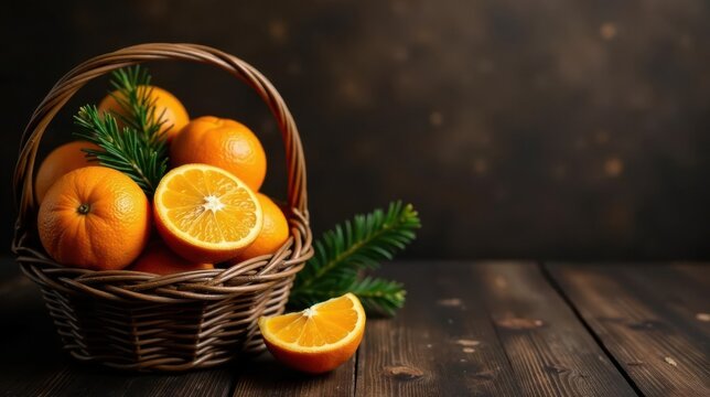 A wicker basket brimming with juicy oranges, a segment sliced open, rests on a dark wooden surface, adorned with a sprig of evergreen, evoking a feeling of warmth and abundance.