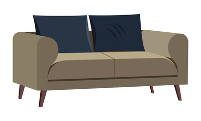 Comfortable two-seat sofa with blue cushions isolated on white background flat design