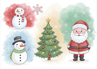 Fototapeta premium Adorable Watercolor Christmas Icons Snowman, Santa, Christmas Tree