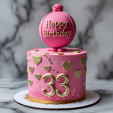 Birthday Cake Rose Pink Theme Pastel Pink Love Hearts Golden Happy Birthday Ball Elegant Pink 33rd Birthday Cake with Golden Hearts and Balloon Topper