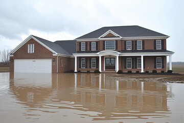 A large brick house stands surrounded by floodwaters, reflecting the impact of severe flooding on residential property.