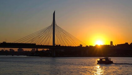 Obraz premium Silhouette of a cable-stayed bridge at sunset over water.