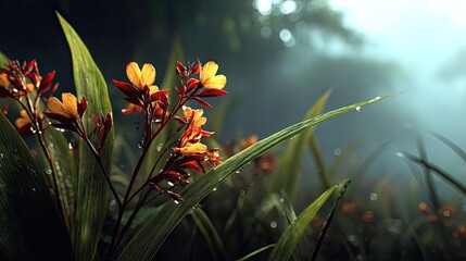 Fototapeta premium Blooming flowers in meadow with mystical tropical landscapes concept. Vibrant flowers in a misty environment evoke nature's beauty.