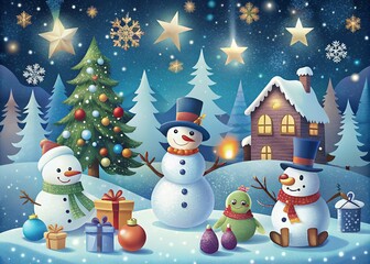 Fototapeta premium Charming Christmas Snowmen Scene Festive Winter Wonderland Illustration