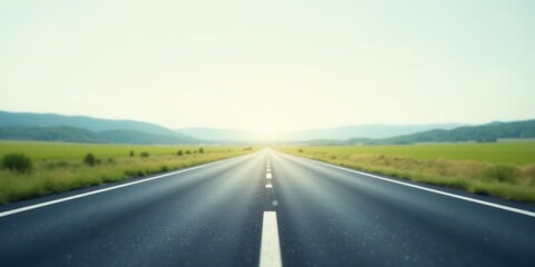 Asphalt Road Stretching Towards a Bright Horizon Across a Serene Meadow Landscape
