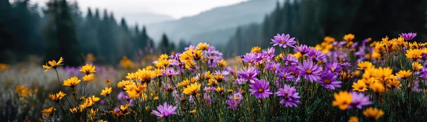 Obraz premium Blooming flowers in meadow with glowing paradise dreamlike nature concept. Vibrant wildflowers bloom in a serene mountain landscape.