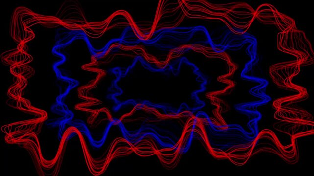 Red and blue wavy digital lines on a black background, Futuristic waves line frem animation