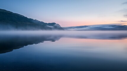 Fototapeta premium Serene Morning Mist Over Calm Lake with Reflections and Soft Light