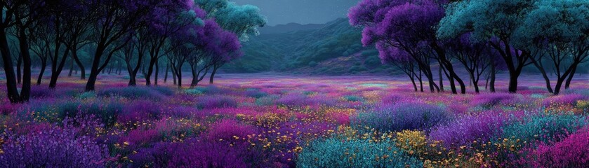 Obraz premium Blooming flowers in meadow with mystical tropical landscapes concept. Vibrant meadow filled with colorful flowers and lush purple foliage.
