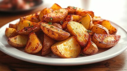 Close-up of a white plate filled with seasoned and roasted potato wedges garnished with herbs on a wooden table