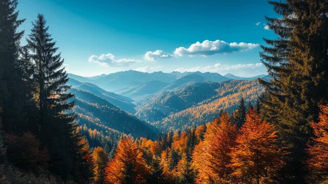 Mountain Lake Landscape - Autumn Forest with Pine Trees and Colorful Foliage for Travel Vlogs, Nature Documentaries, and Seasonal Transition Content