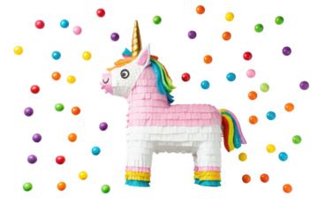 PNG Colorful unicorn piñata with rainbow candy on black background