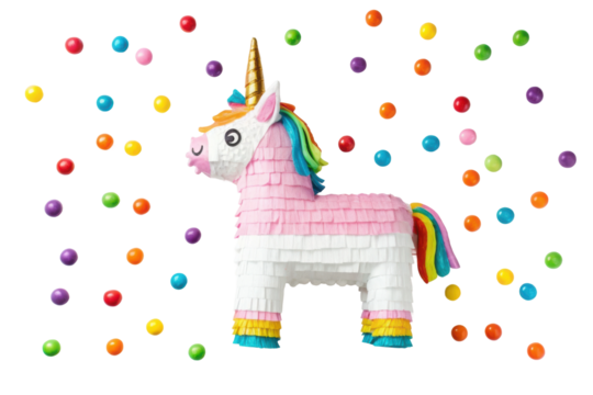 PNG Colorful unicorn piñata with rainbow candy on black background