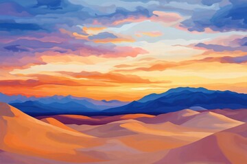 Obraz premium Desert sunset panorama, vibrant colors, dramatic sky, vast landscape