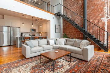 Modern Living Room in Industrial Loft with Exposed Brick Walls