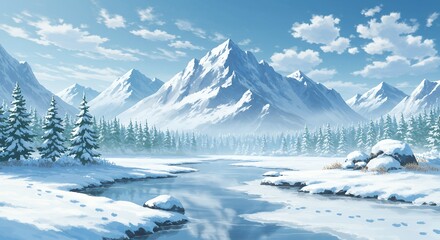 Obraz premium Snowy Mountain Vista with Frozen River and Evergreen Forest Land
