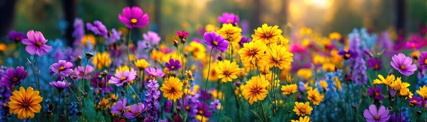Blooming flowers in meadow with mystical nature and dreamlike gardens concept. Vibrant floral garden with diverse colorful flowers in bloom.