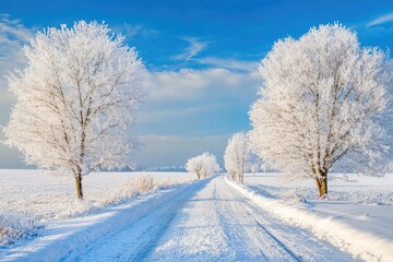 Obraz premium Winter wonderland road. Frosted trees line a snow-covered country lane under a vibrant blue sky