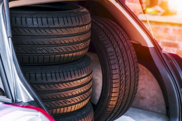 Closeup of tread texture on stacked tires