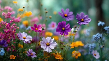Fototapeta premium Blooming flowers in meadow with mystical nature and dreamlike gardens concept. A vibrant array of colorful flowers blooming in a lush garden.