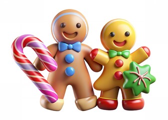Obraz premium Cheerful Christmas Gingerbread Couple with Candy Cane Festive Holiday Icons