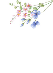 Greeting card template with watercolor wild flowers, floral border with place for text. Illustration hand painted. Isolated on white background.