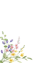 Greeting card template with watercolor wild flowers, floral border with place for text. Illustration hand painted. Isolated on white background.