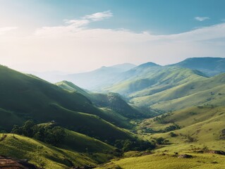 Serene Green Landscape with Rolling Hills Under Clear Blue Sky and Gentle Clouds in Peaceful Natural Setting Perfect for Relaxation and Inspiration