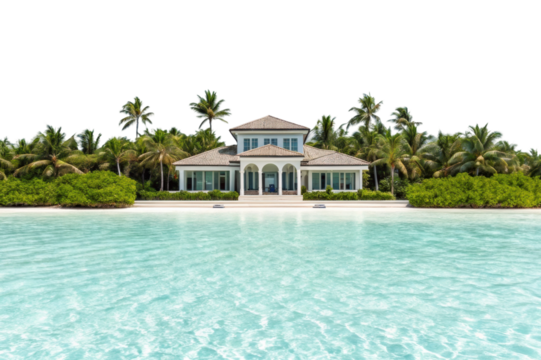 PNG Luxurious beachfront villa with palm trees and clear blue ocean