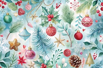 Merry Christmas Watercolor Background Festive Ornaments & Winter Plants
