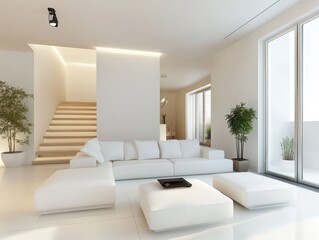 A white contemporary modern living room with minimalist design