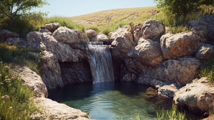 Sunny Waterfall in Hilly Landscape
