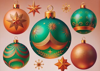 Luxurious Golden & Green Christmas Ornaments Elegant Festive Icons