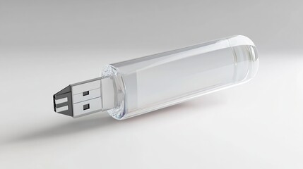 Clear USB flash drive, cylindrical shape, on a light gray surface