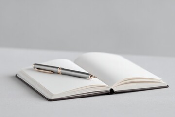 Naklejka premium close-up of open blank notepad on simple desk with sleek pen poised to write epitomizing minimalistic approach to market
