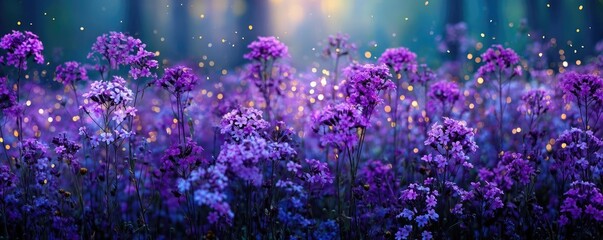 Blooming flowers in meadow with glowing paradise dreamlike nature concept. A vibrant field of purple flowers illuminated by soft sunlight.