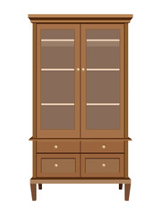 Wooden cabinet with glass doors and four drawers isolated on white background
